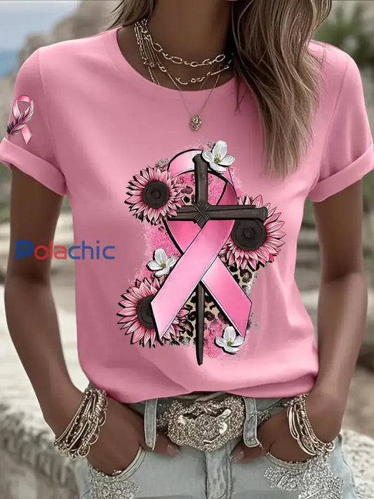 T shirt femme ruban rose à manches courtes sensibilisation au cancer du sein rose / S