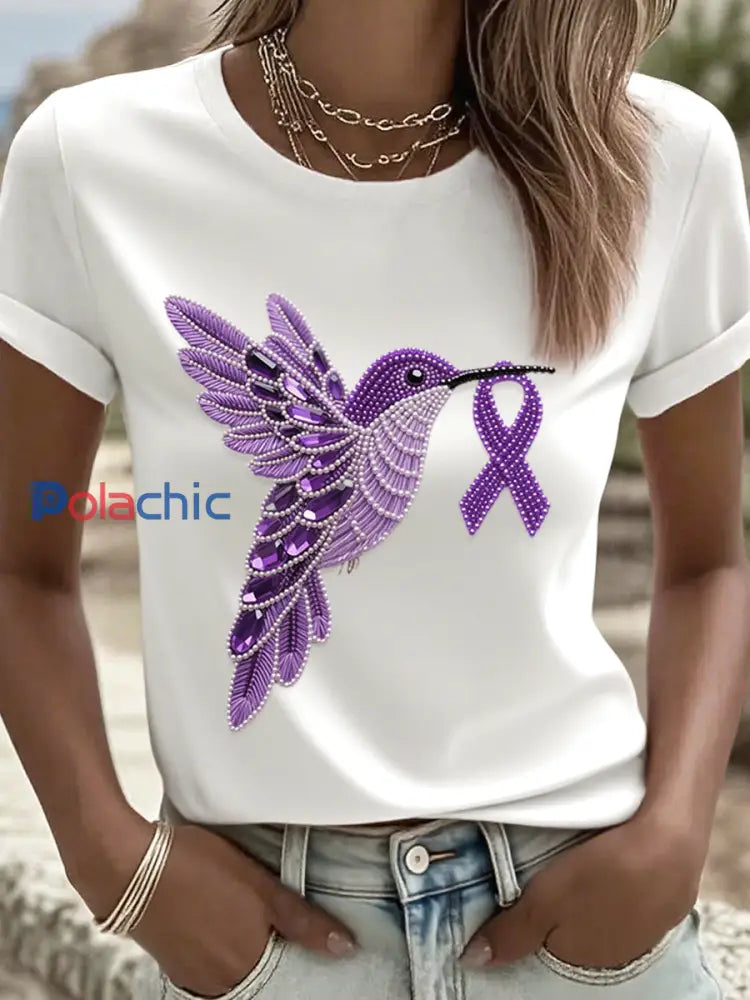 T-Shirt Femme Violet Motif Colibri blanc / S