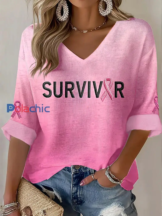T shirt gaufré imprimé Survivants de sensibilisation au cancer du sein pour femmes Rose / S