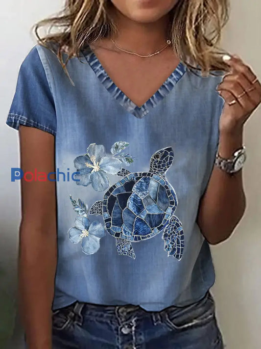 T-shirt Hawaiian Turtle Hibiscus Femme Bleu / S