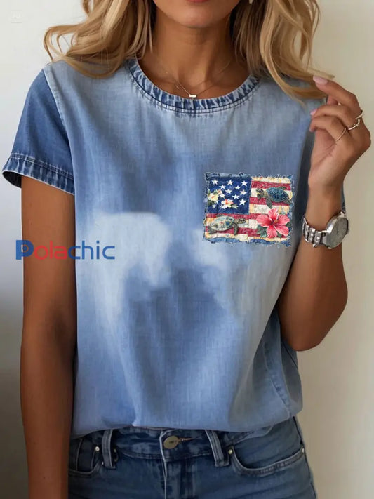 T-shirt Hawaiian Turtle Hibiscus Femme Bleu / S