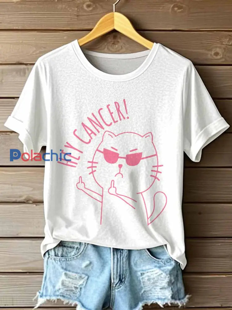 T-shirt Hey Cancer Print pour femmes Blanc / S