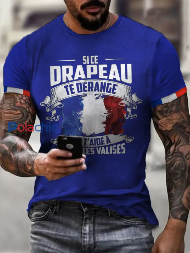 T-shirt imprimé à manches courtes Si Ce Drapeau Te Dérange Homme Bleu / S