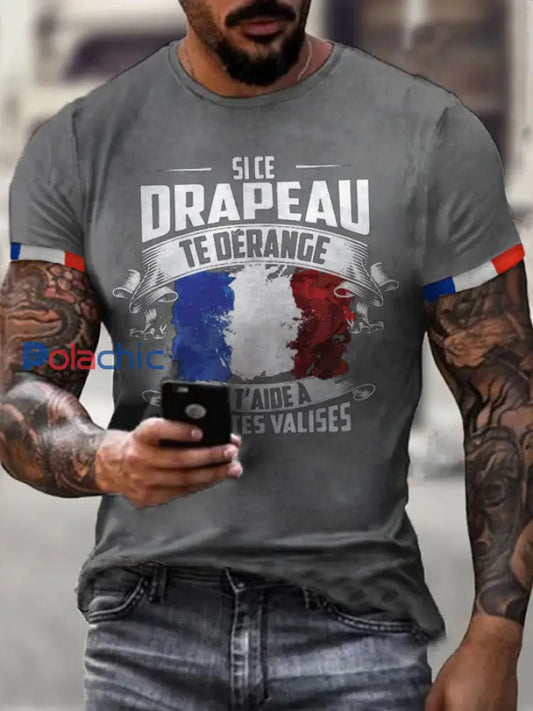 T-shirt imprimé à manches courtes Si Ce Drapeau Te Dérange Homme Gris Clair / S