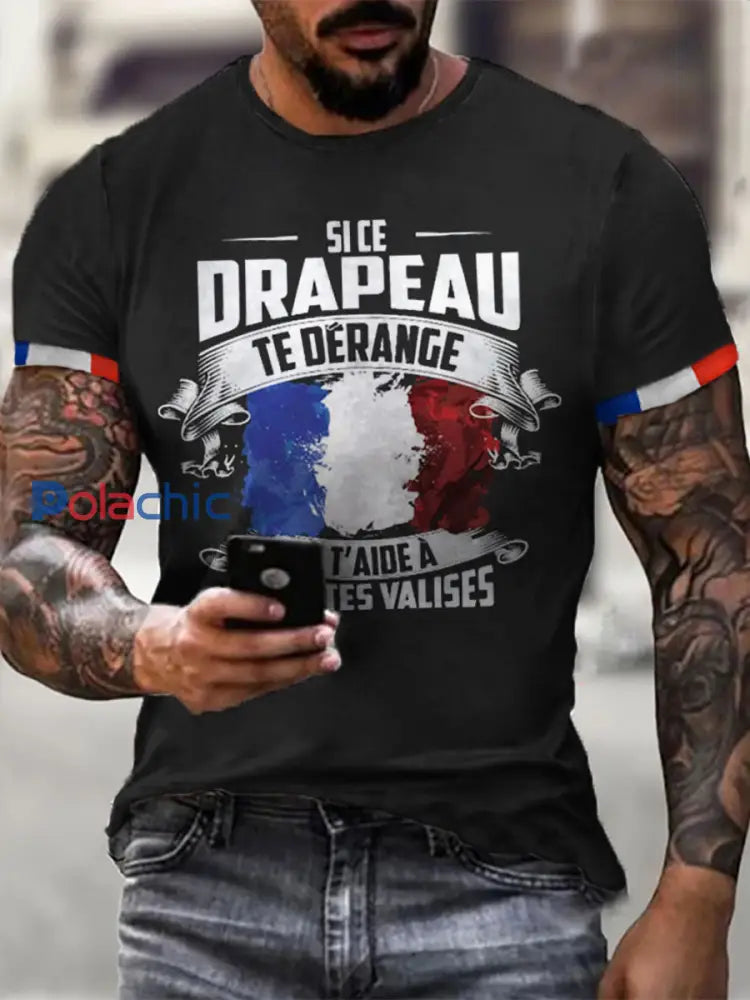 T-shirt imprimé à manches courtes Si Ce Drapeau Te Dérange Homme Noir / S