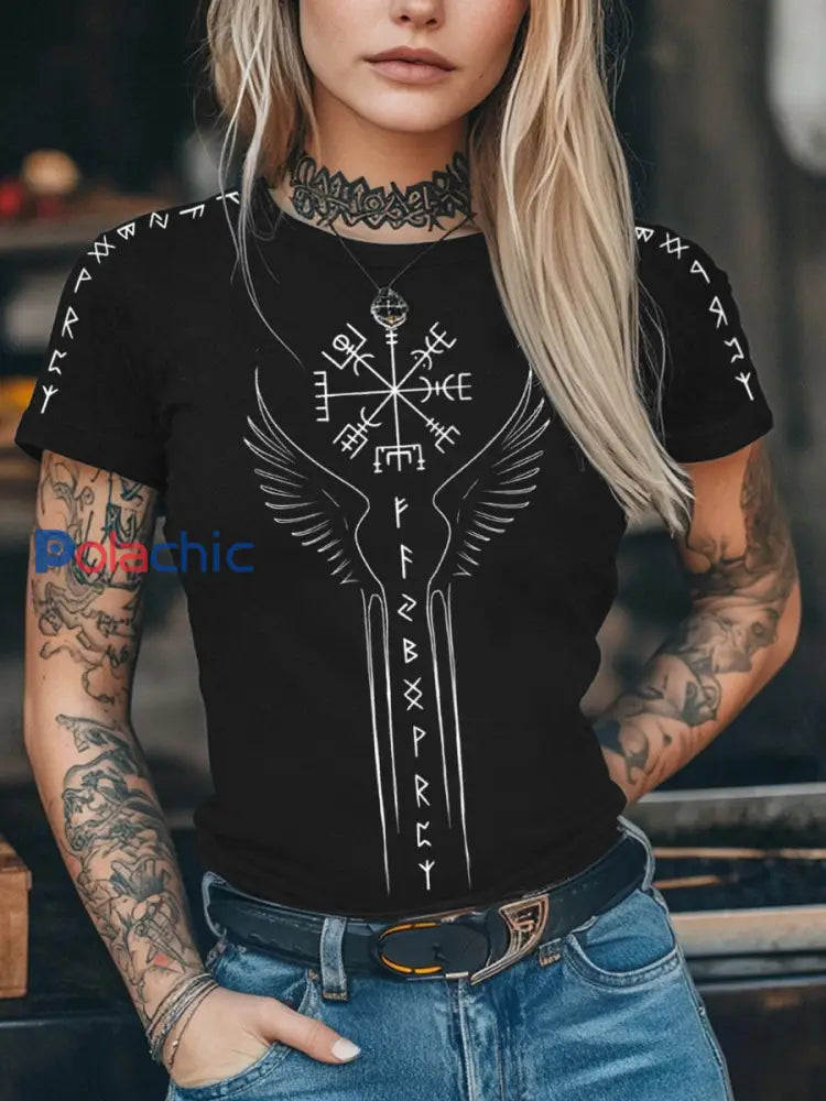 T-shirt imprimé à manches courtes Viking pour femme Noir / S
