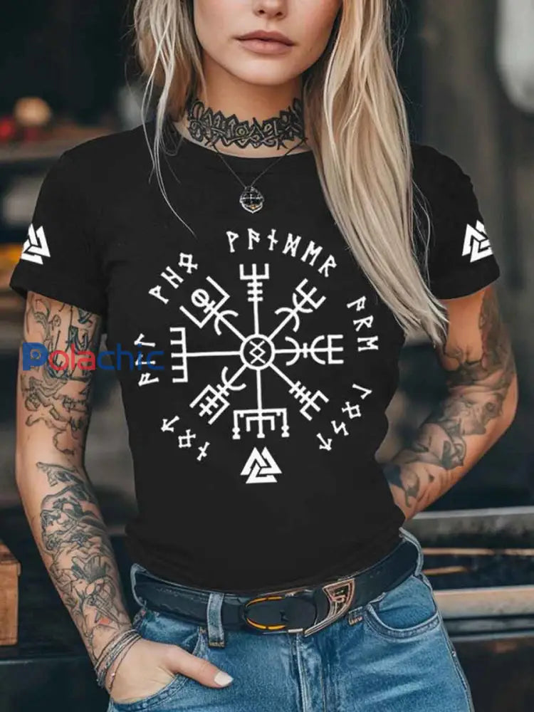 T-shirt imprimé à manches courtes Viking pour femme Noir / S