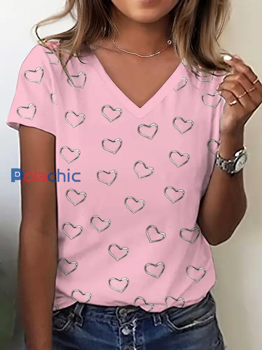 T-shirt imprimé coeur de sensibilisation au cancer du sein pour femmes Rose / S