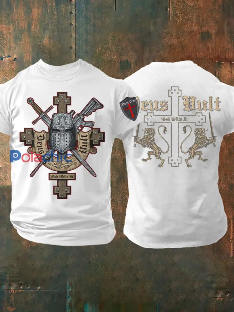 T shirt imprimé croisés catholiques Deus Vult pour hommes Blanc / S