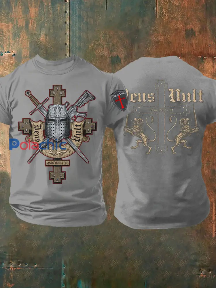 T shirt imprimé croisés catholiques Deus Vult pour hommes Gris clair / S