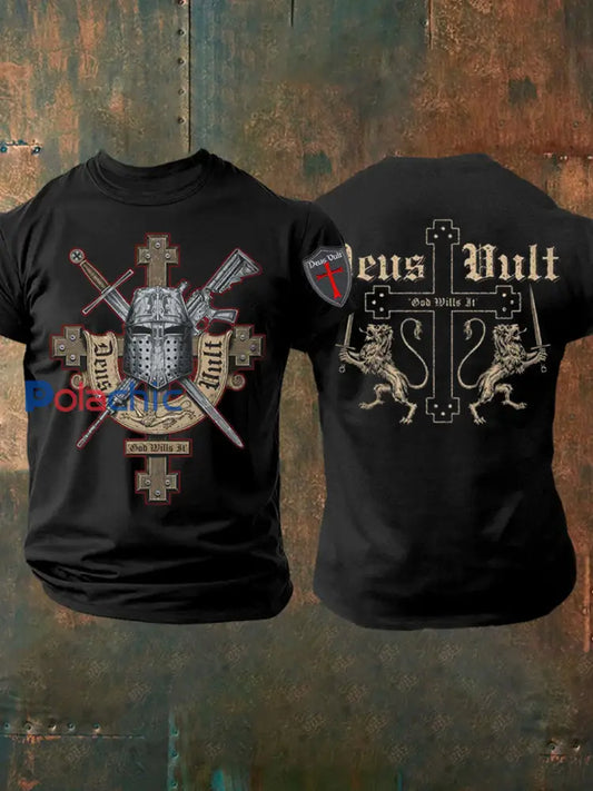 T shirt imprimé croisés catholiques Deus Vult pour hommes Noir / S