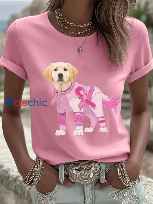 T shirt imprimé d’art de chien de cancer du sein des femmes Rose / S