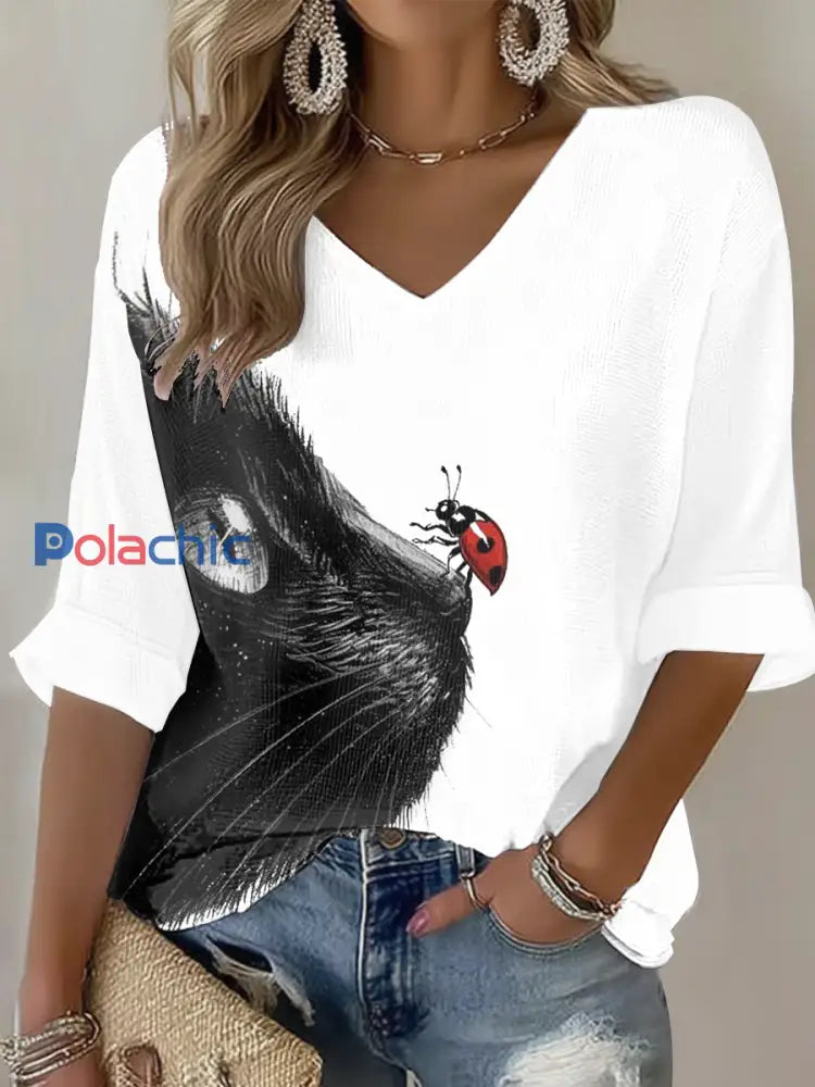 T-shirt imprimé de gaufre de chat mignon des femmes Blanc / S