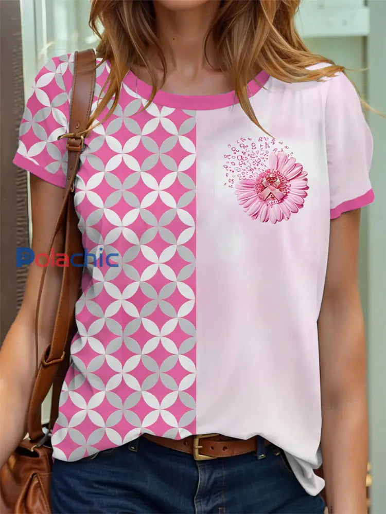 T-shirt imprimé de ruban rose tournesol sensibilisation au cancer du sein des femmes Rose / S