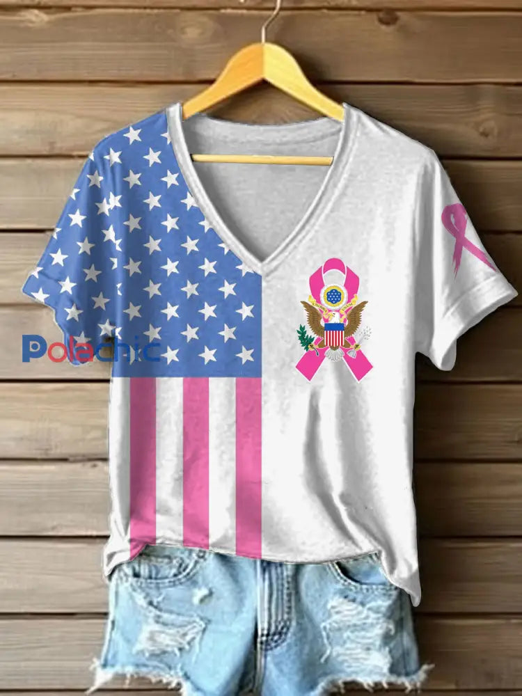 T shirt imprimé du drapeau américain de sensibilisation au cancer du sein pour femmes comme image / S