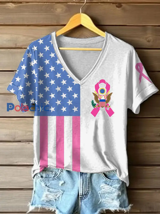 T shirt imprimé du drapeau américain de sensibilisation au cancer du sein pour femmes comme image / S