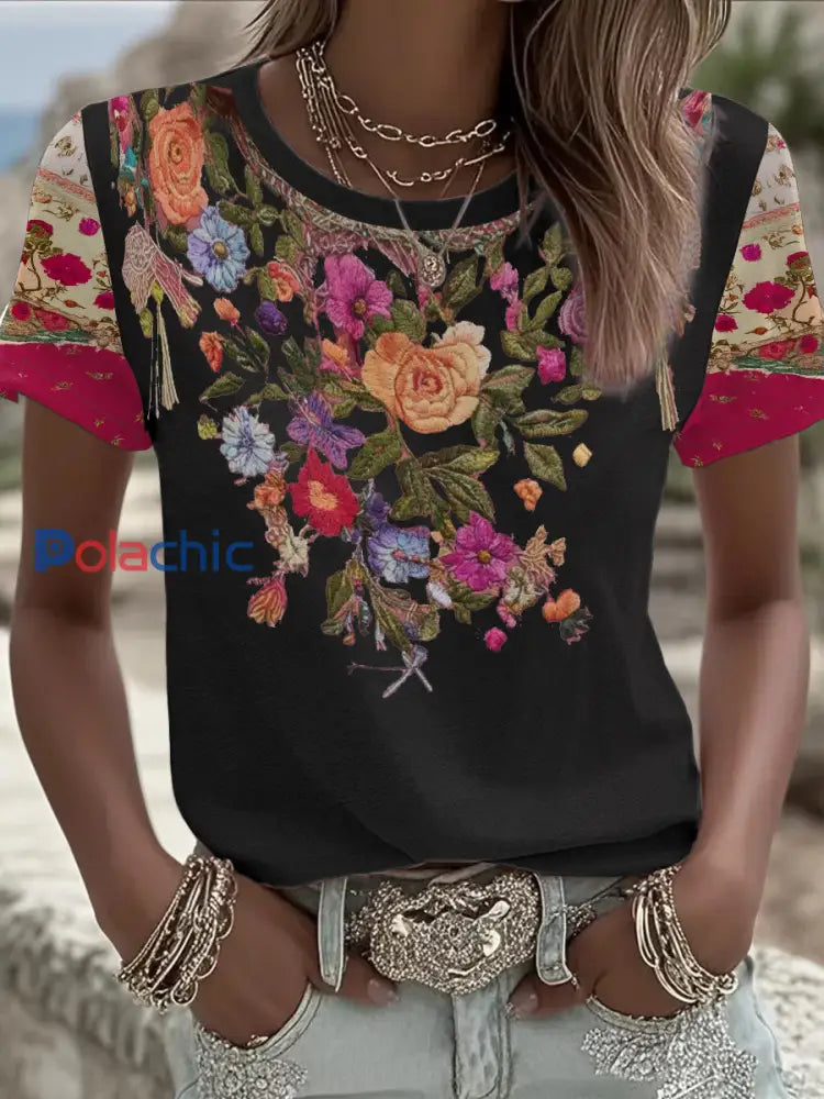 T-shirt imprimé floral sensibilisation au cancer du sein pour femmes Noir / S