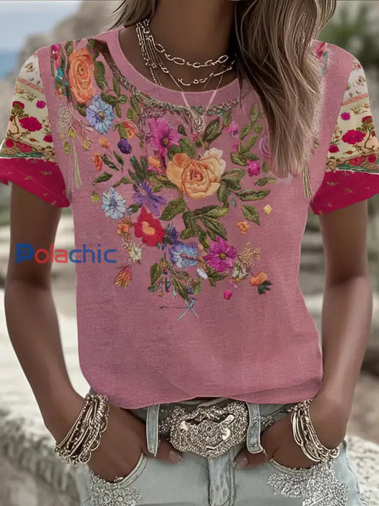 T-shirt imprimé floral sensibilisation au cancer du sein pour femmes Rose / S