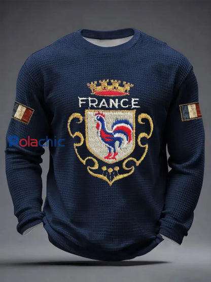 T-shirt imprimé gaufré à manches longues pour hommes Bleu Marine / S