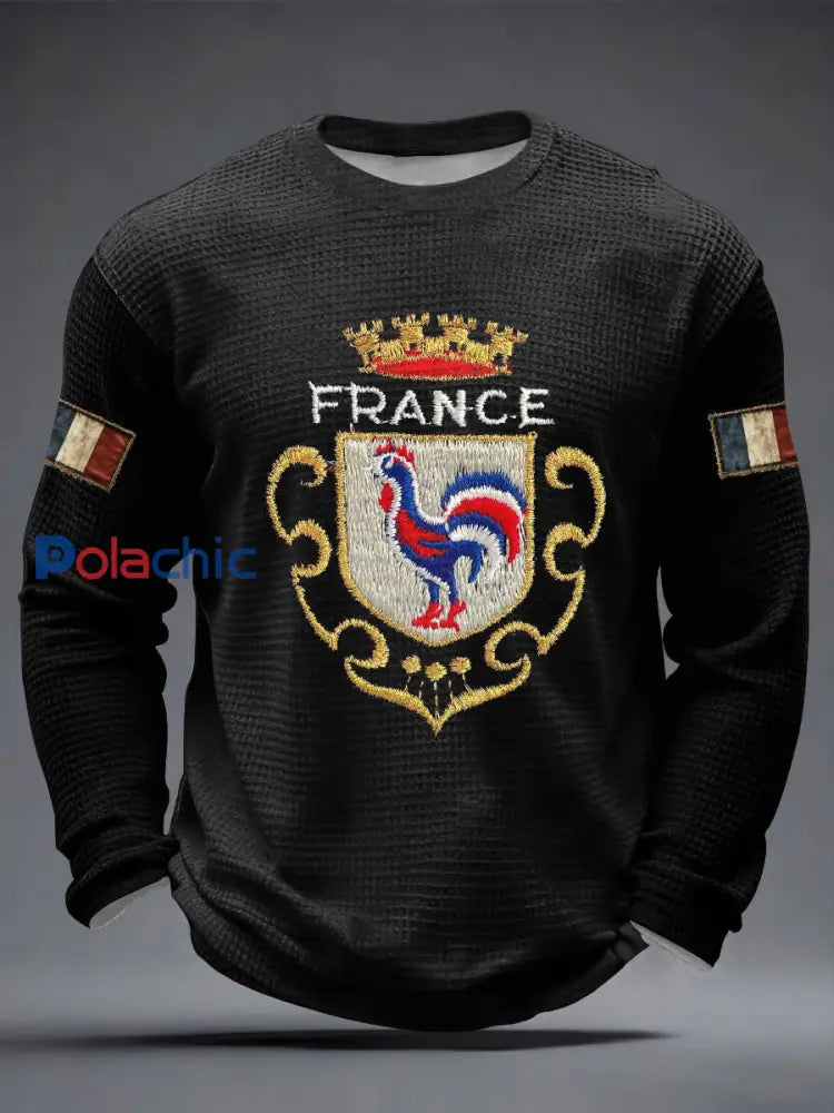 T-shirt imprimé gaufré à manches longues pour hommes Noir / S