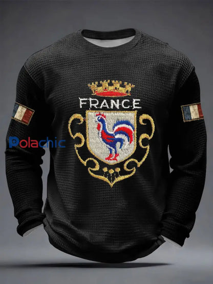 T-shirt imprimé gaufré à manches longues pour hommes Noir / S