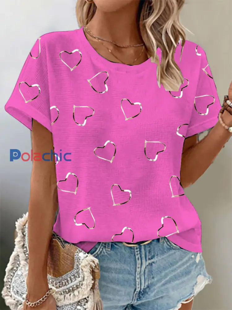 T-shirt imprimé gaufré de sensibilisation au cancer du sein pour femmes rose rouge / S