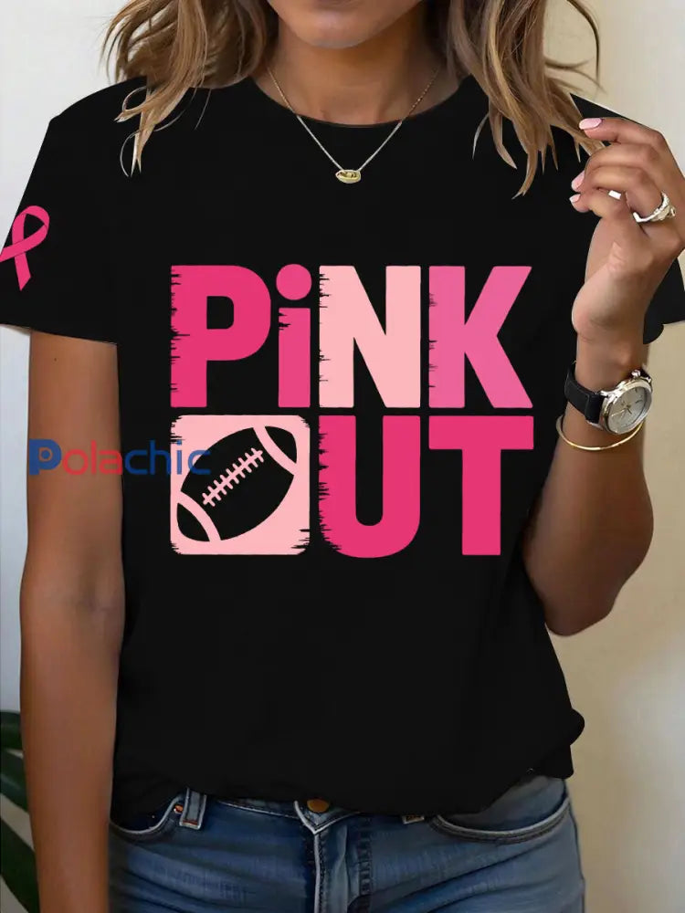 T-shirt imprimé PINK OUT pour femmes sensibilisation au cancer du sein noir / S
