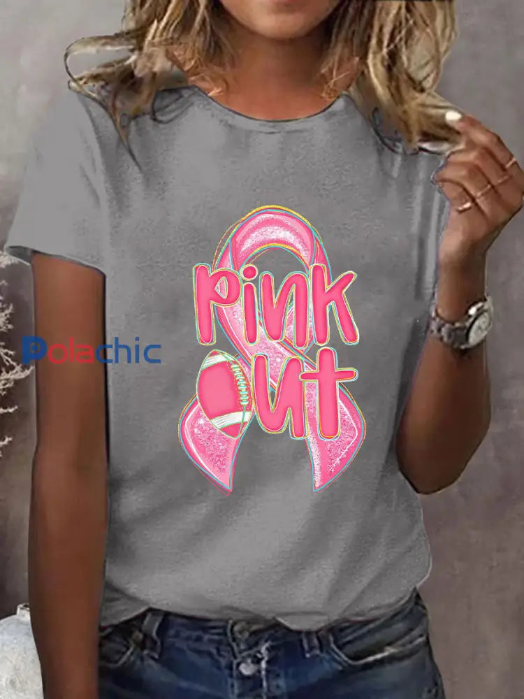 T-shirt imprimé rose pour femmes sensibilisation au cancer du sein gris clair / S