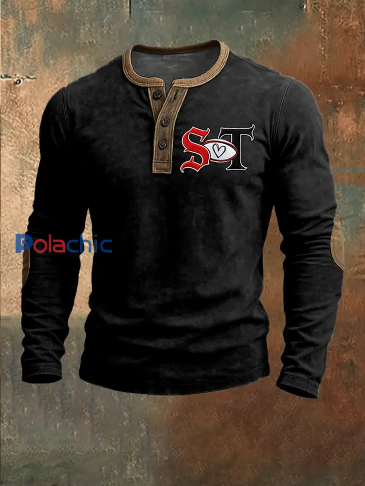 T-shirt imprimé rugby à manches longues pour hommes Noir / S