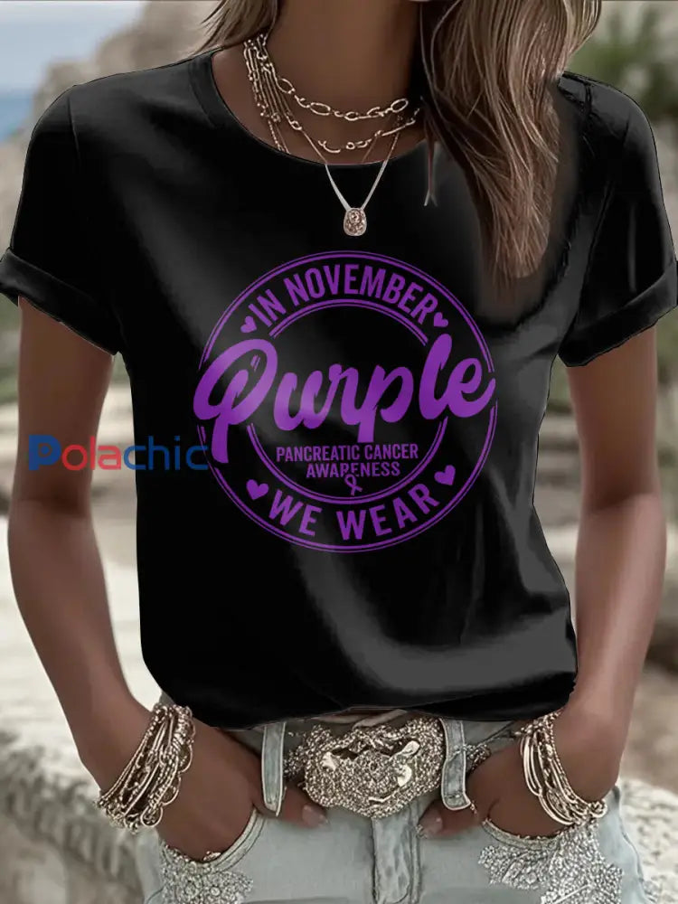 T shirt imprimé sensibilisation au cancer du pancréas pour femmes noir / S