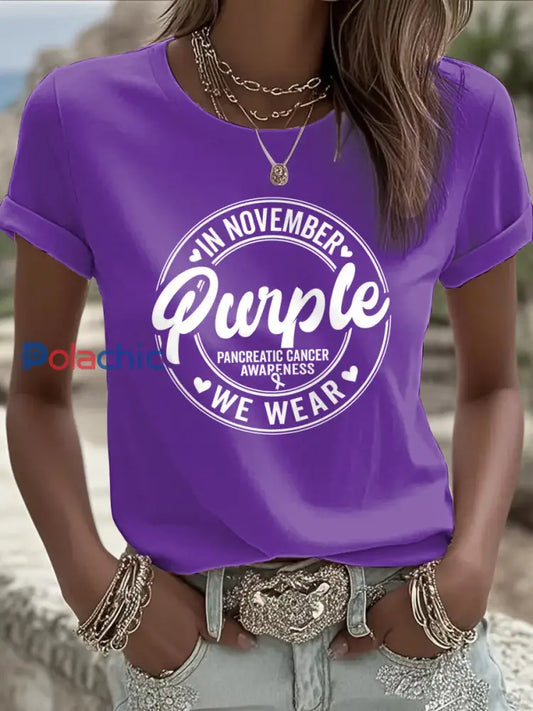 T shirt imprimé sensibilisation au cancer du pancréas pour femmes pourpre / S