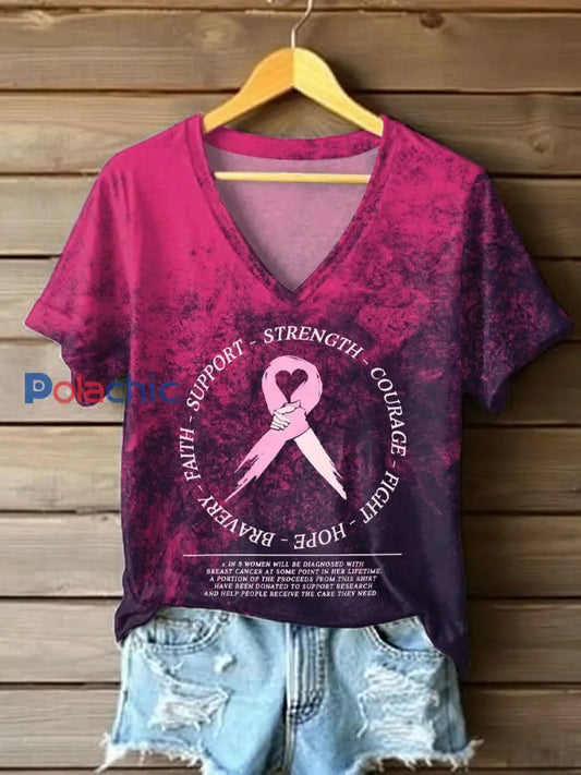 T-shirt imprimé sensibilisation au cancer du sein pour femmes Rose Rouge / S