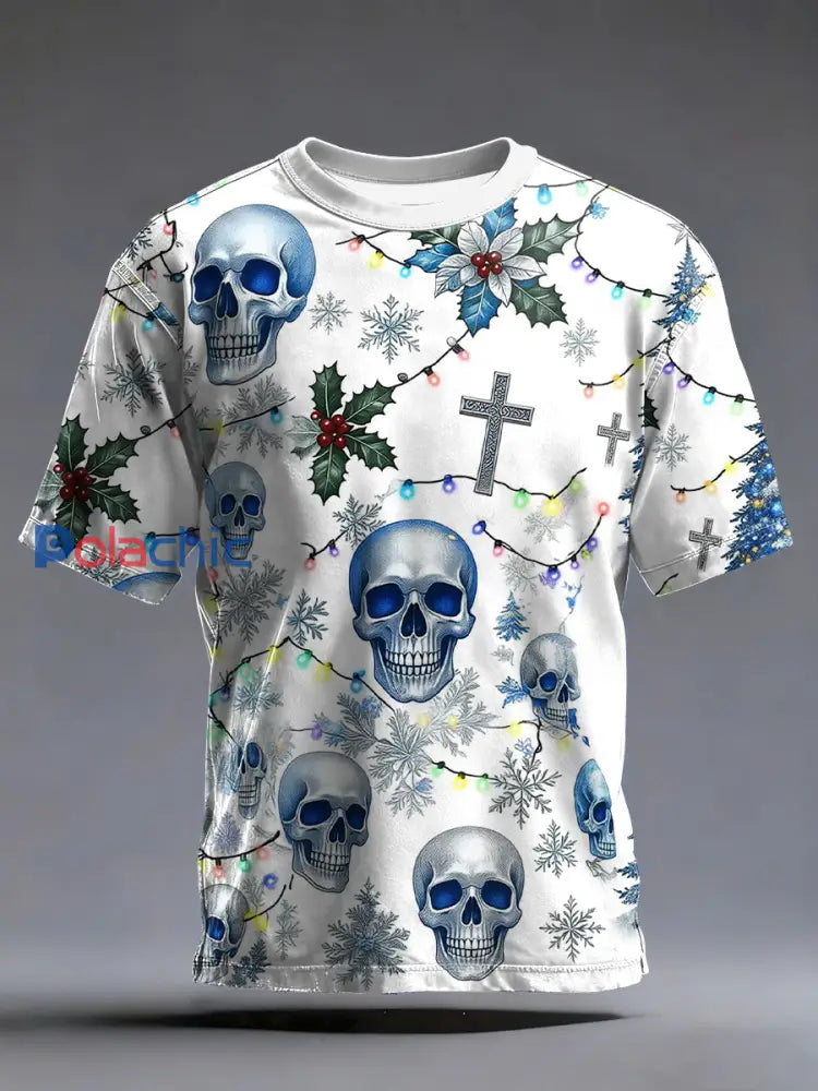 T-shirt imprimé vintage de crâne de Noël pour hommes Blanc / S