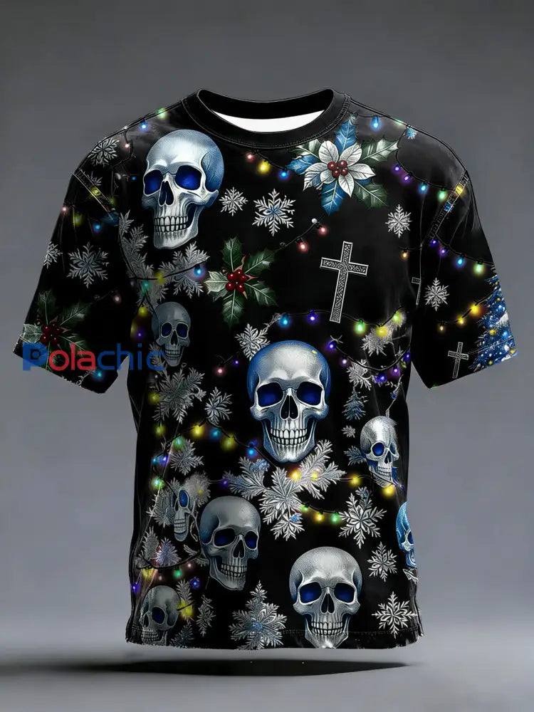 T-shirt imprimé vintage de crâne de Noël pour hommes Noir / S