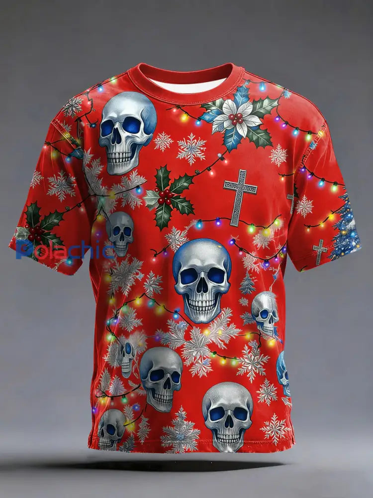 T-shirt imprimé vintage de crâne de Noël pour hommes Rouge / S