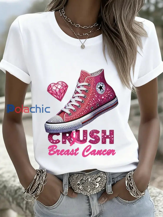 T-shirt mémorial décontracté pour femmes avec impression d’art du cancer du sein A / S