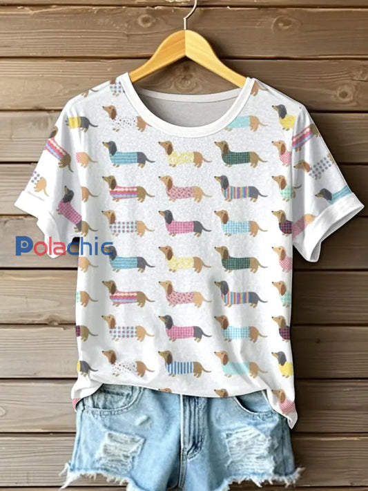 T-shirt mignon à imprimé teckel pour femme Blanc / S