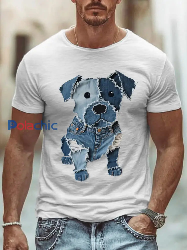T-shirt mignon d’art de patchwork de chien des hommes Blanc / S
