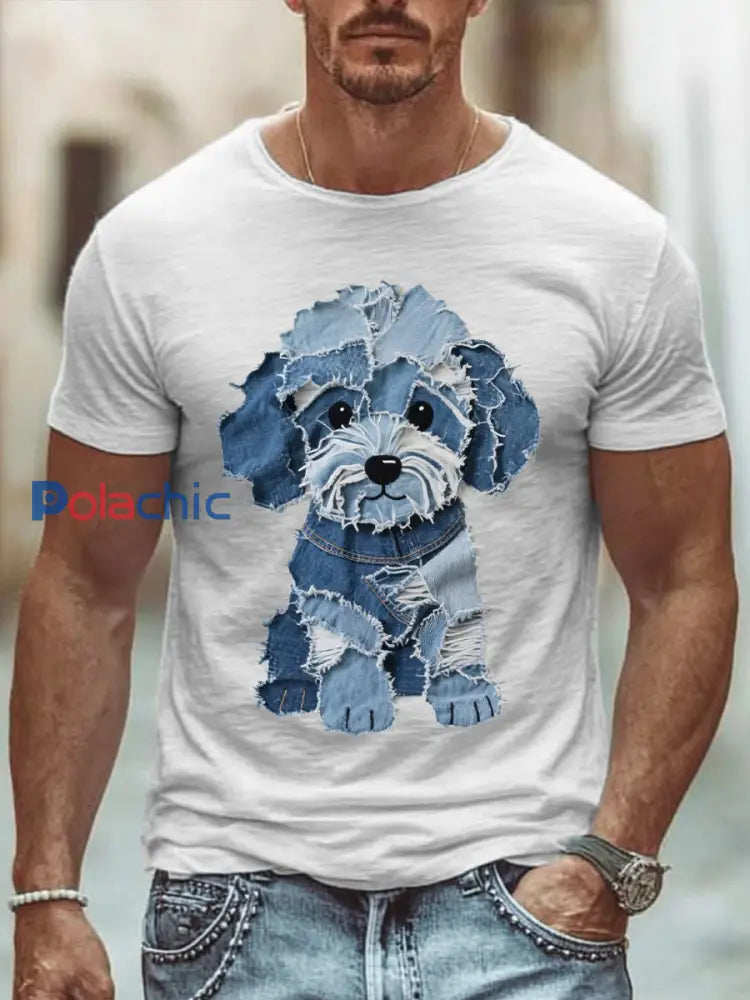 T-shirt mignon d’art de patchwork de chien des hommes Blanc / S