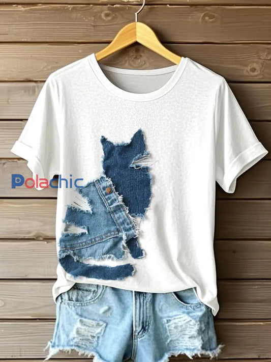 T-shirt mignon d’art de patchwork de denim du chat des femmes Blanc / S