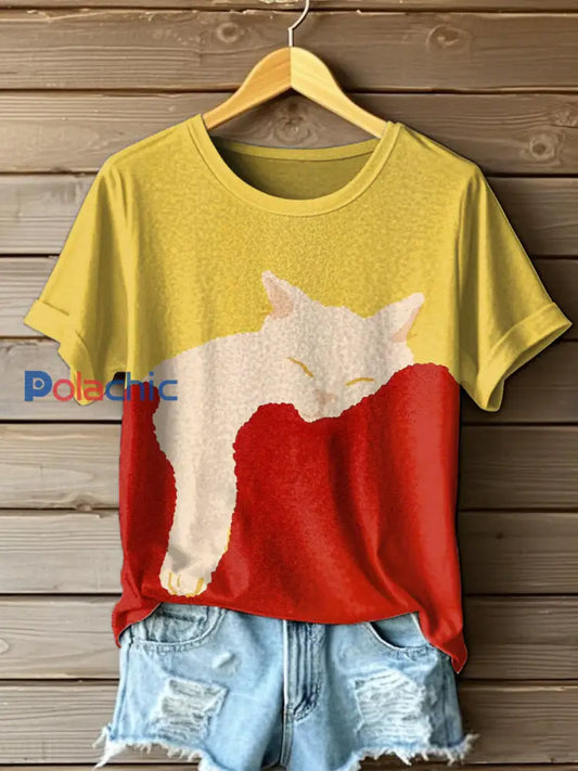 T-shirt mignon d’impression d’art de chat des femmes comme image / S