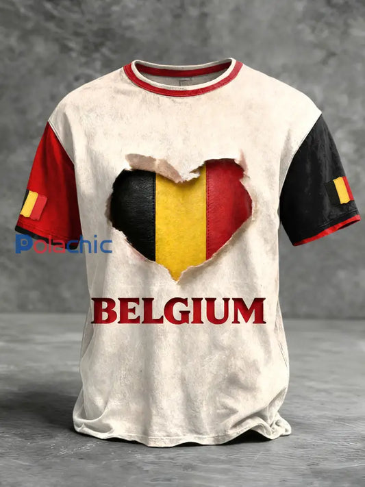 T-shirt patchwork à imprimé coeur drapeau belge pour homme Beige / S