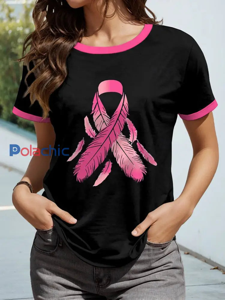 T-shirt Plume Ruban Rose Cancer Du Sein Pour Femme Noir / S