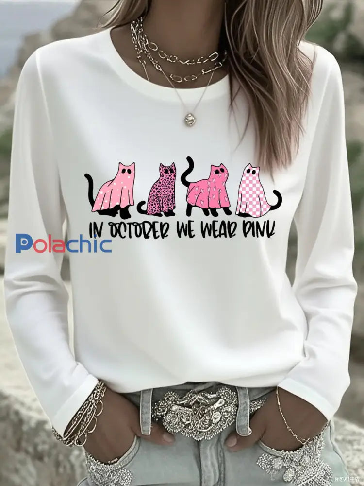 T-shirt rose à manches longues pour femme In october We Wear Breast Cancer Awareness Blanc / S