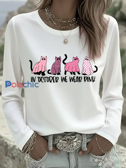 T-shirt rose à manches longues pour femme In october We Wear Breast Cancer Awareness Blanc / S