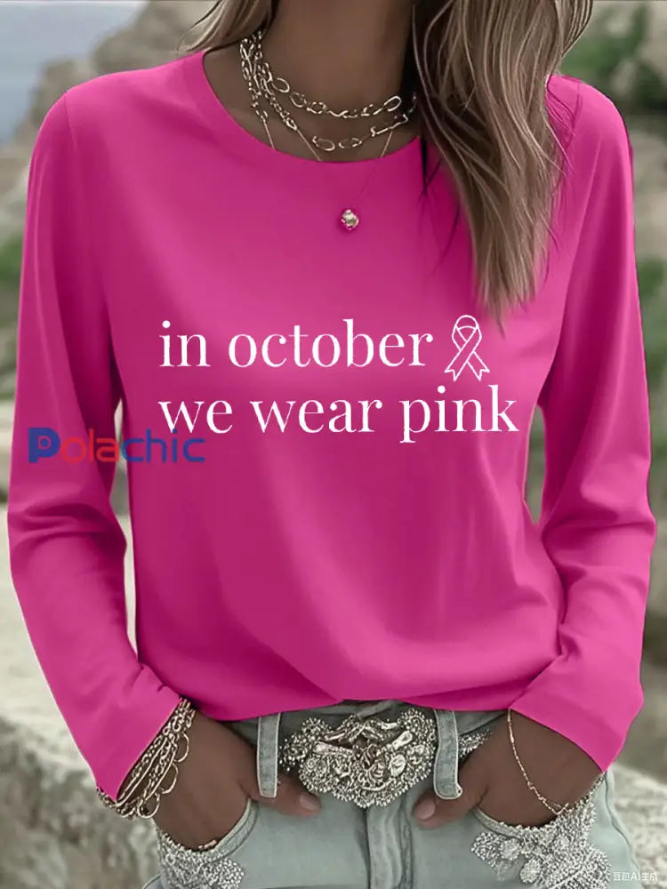 T-shirt rose à manches longues pour femme In october We Wear Breast Cancer Awareness Rose Rouge / S