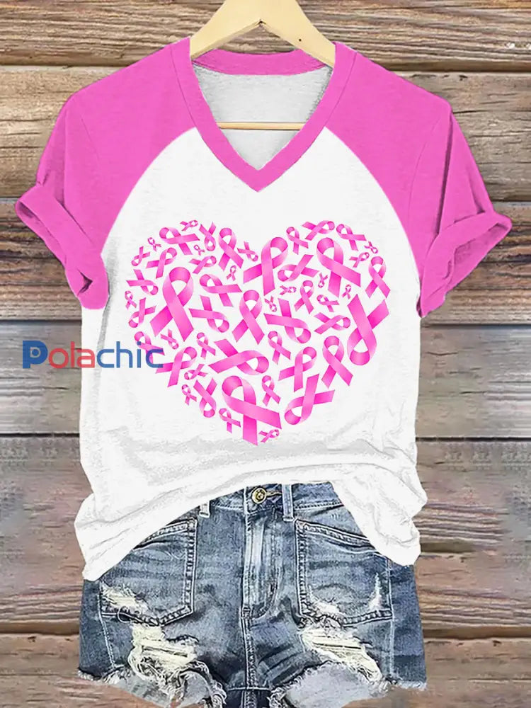 T-shirt rose coeur de ruban de sensibilisation au cancer du sein pour femmes Rose / S