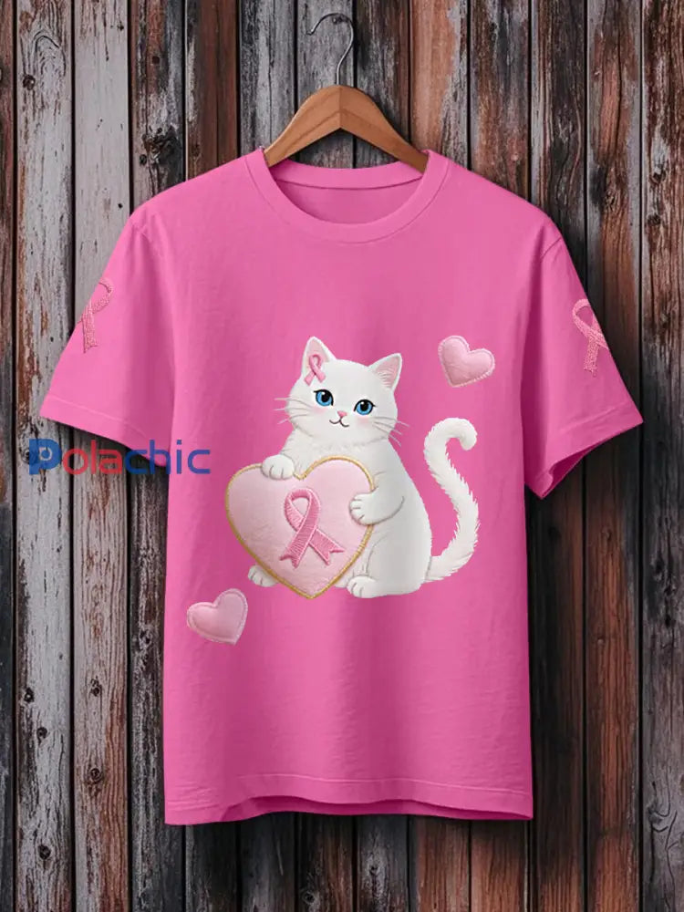 T shirt rose de soutien de conscience de cancer du sein de ruban de chat rose des femmes Rose Rouge / S