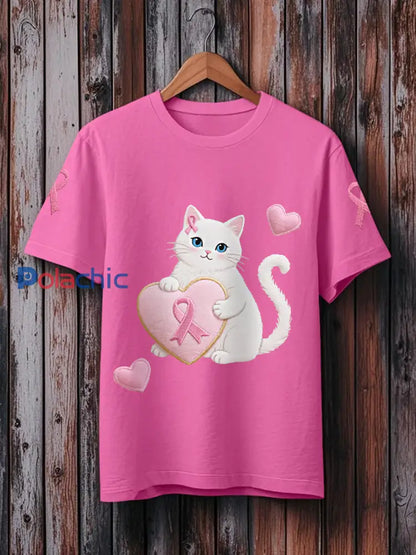 T shirt rose de soutien de conscience de cancer du sein de ruban de chat rose des femmes Rose Rouge / S
