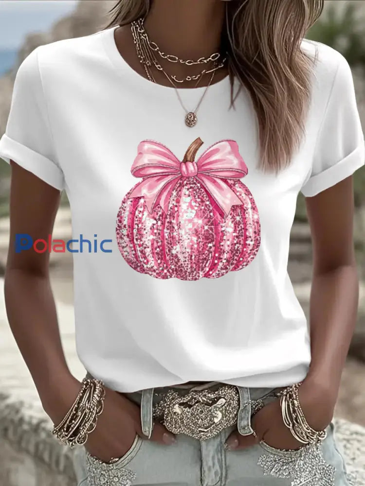 T-shirt rose de soutien de sensibilisation au cancer du sein à imprimé citrouille pour femmes Blanc / S